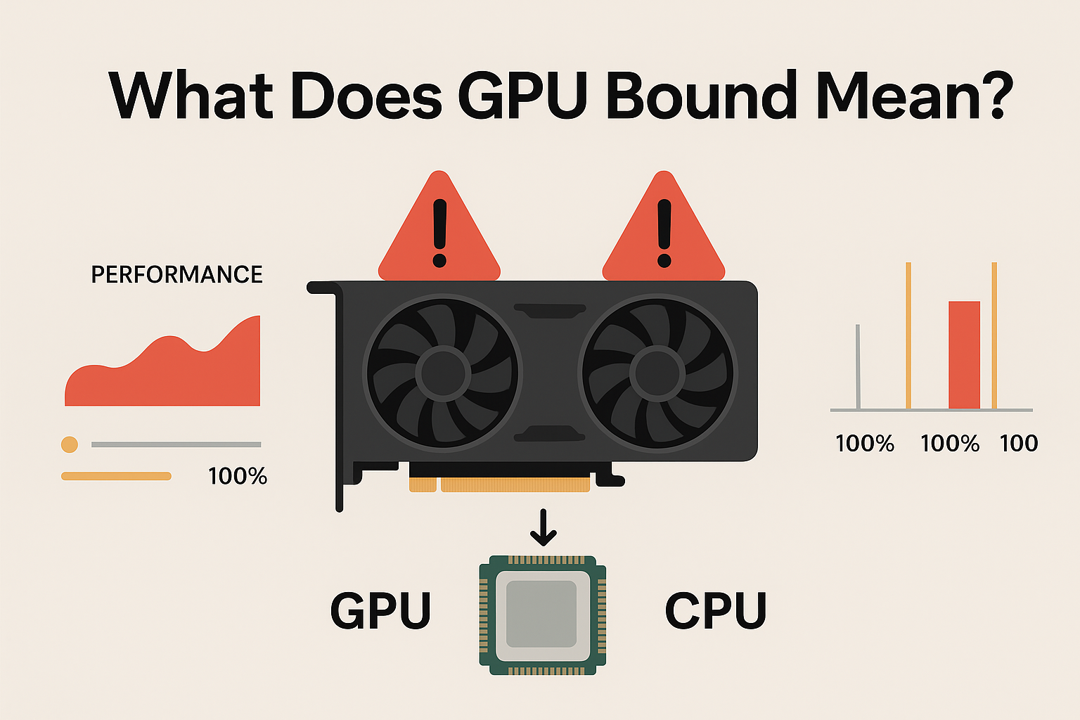 Feature image explaining what GPU bound means, showing GPU and CPU performance comparison with clear graphics using keyword GPU bound