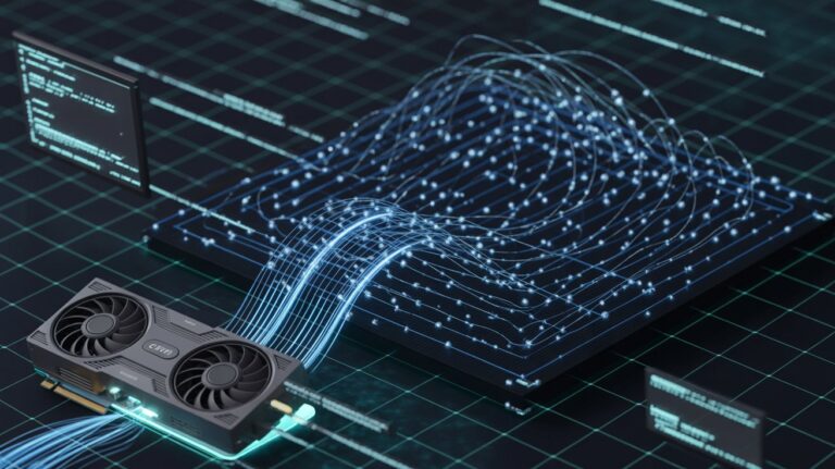 GPU performing NBody Calculation simulation showing data flow and parallel particle processing for physics computation.