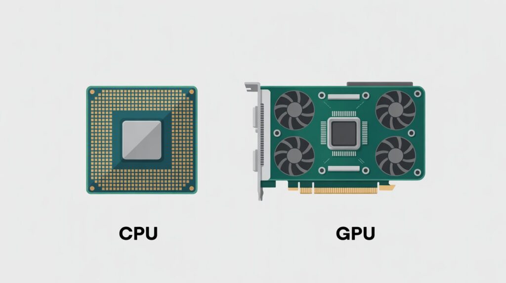 Illustration comparing a CPU and GPU to show which CAD software is more CPU or GPU intensive based on processing and rendering tasks.