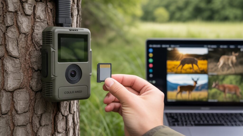 Person inserting an SD card into a cellular trail camera with a laptop showing wildlife Can You View Trail Camera Photos Without a Subscription?