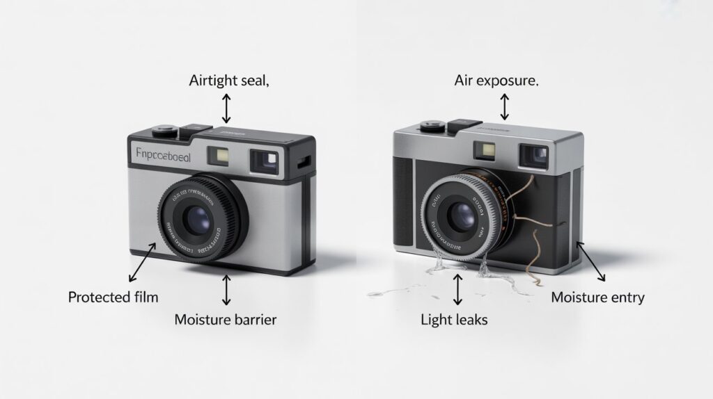 Comparison image showing sealed vs opened disposable cameras, explaining Do Sealed Cameras Last Longer Than Opened Ones? with air and moisture exposure.
