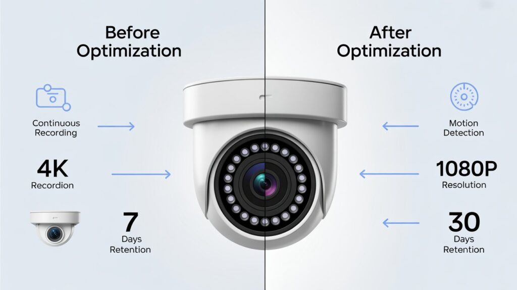 Before and after optimization graphic showing how can you increase footage retention without new hardware using better settings and storage use.