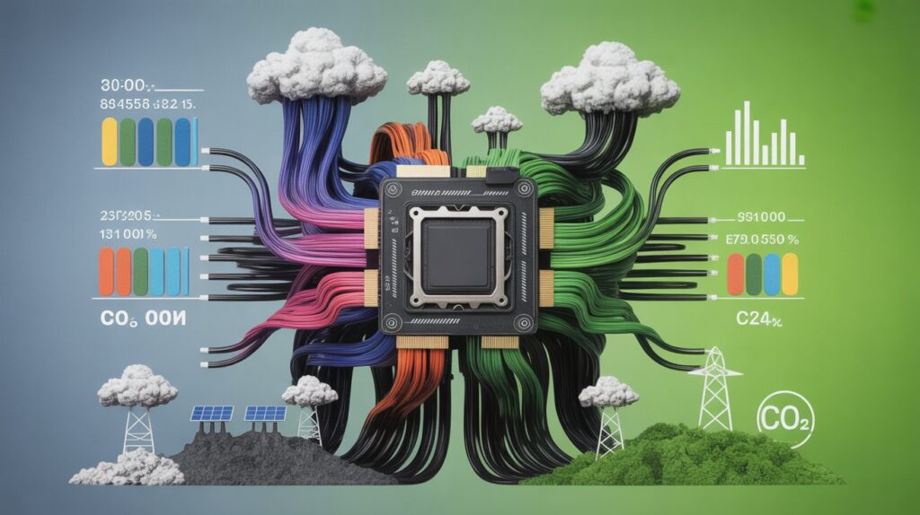 Visual representation showing how GPU power usage impacts the environment, including CO2 emissions and energy sources