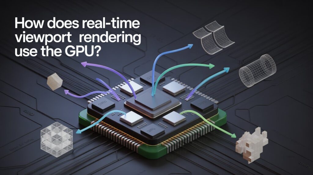 Illustration showing how real-time viewport rendering uses the GPU to process 3D models, shaders, and visual data efficiently.