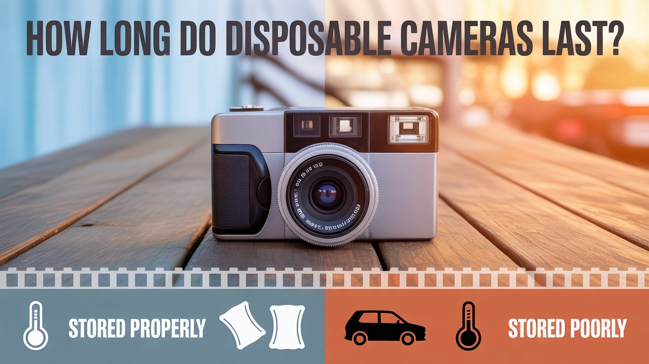 Side-by-side view of disposable cameras showing safe handling vs heat exposure, explaining how long do disposable cameras last over time