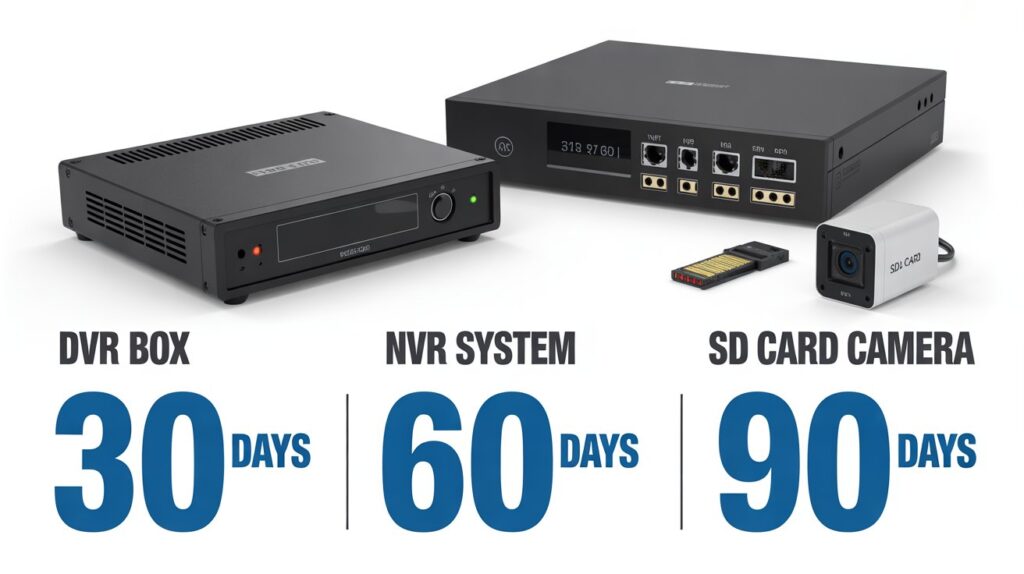 How Long Do DVR, NVR, or SD Card Cameras Store Video showing typical retention times for DVR, NVR systems, and SD cards