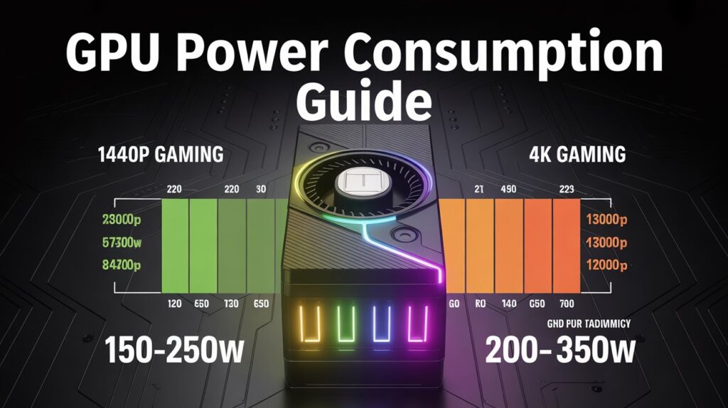 GPU power consumption chart showing how many watts a GPU uses for 1440p and 4K gaming, comparing watt ranges for both settings.
