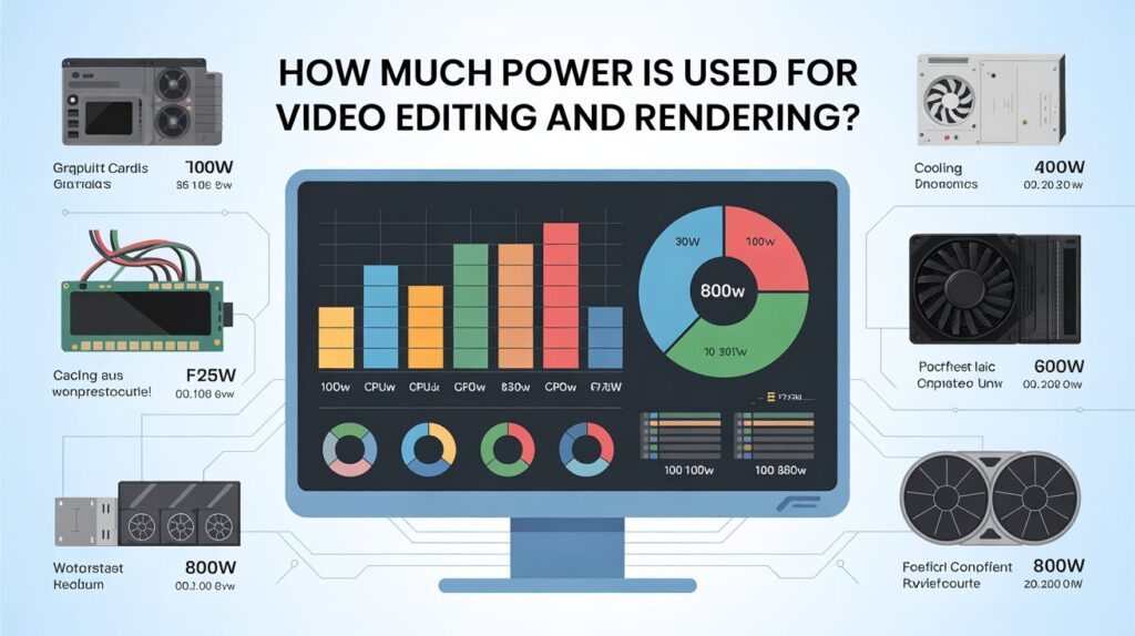 Power usage chart showing how much power is used for video editing and rendering, with components and watt breakdown displayed.