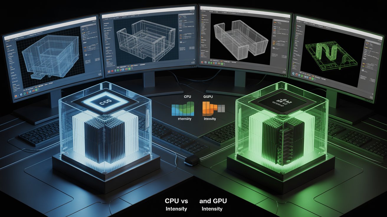 Close-up 3D render of a processor chip showing detailed circuits, ideal for explaining whether CAD software is CPU or GPU-intensive.