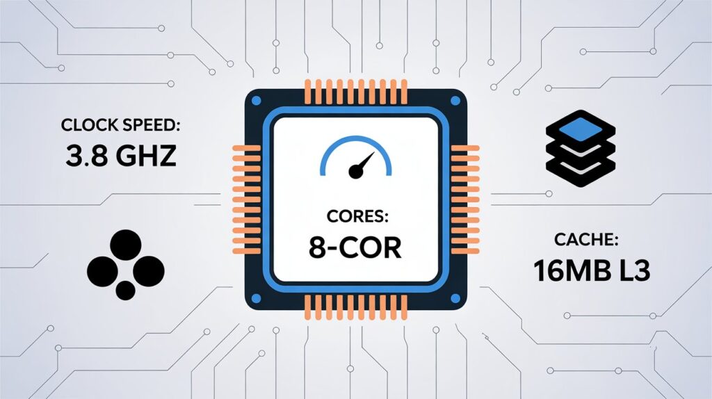Visual showing CPU specs like 3.8 GHz clock speed, 8 cores, and 16MB L3 cache, explaining what are the best CPU specifications for CAD software.