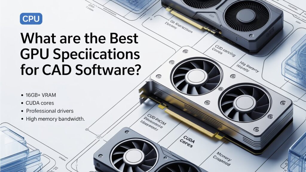 Graphic showing GPUs with VRAM, CUDA cores, and bandwidth details, explaining what are the best GPU specifications for CAD software.