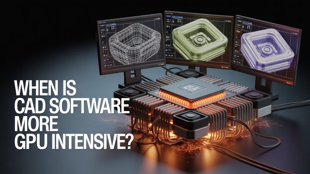CAD models displayed on multiple screens with a GPU-powered workstation, showing when CAD software becomes more GPU intensive.
