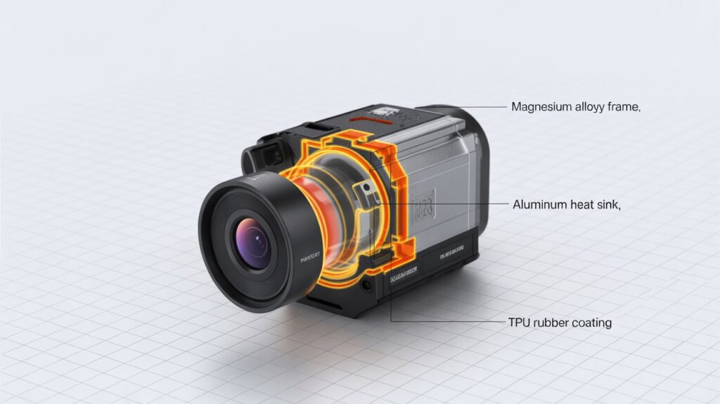Thermal camera internal structure with aluminum heat sink and TPU coating, revealing Which Materials Make Thermal Cameras Durable?