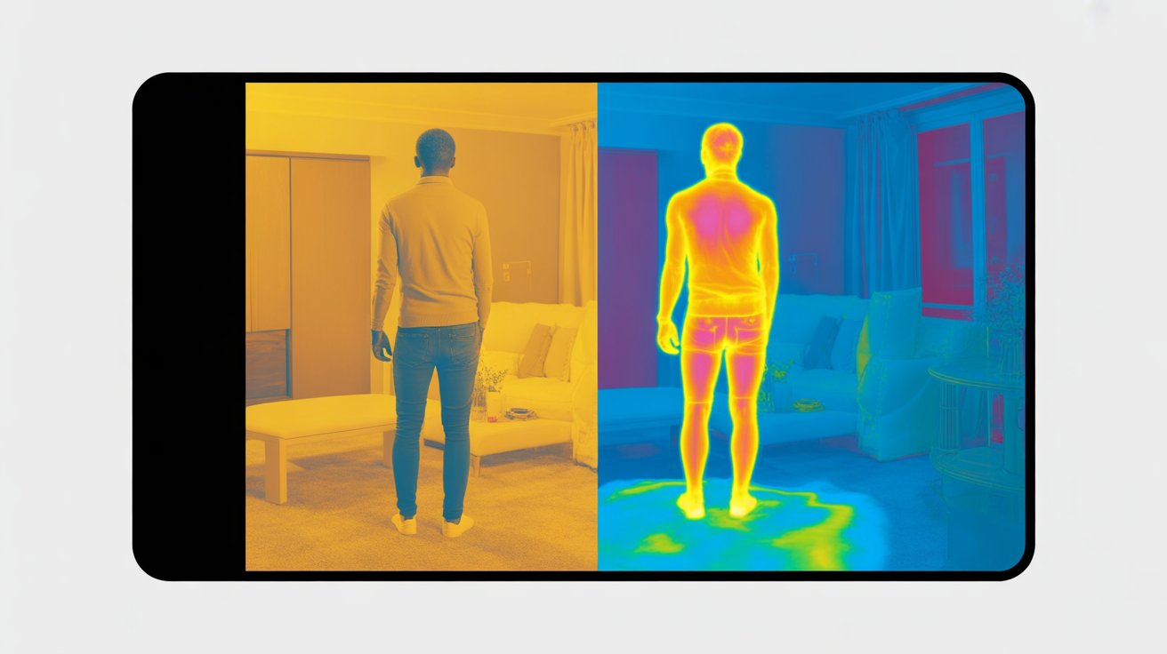 Comparison of normal view and thermal view of a person indoors, showing why thermal cameras are so expensive.